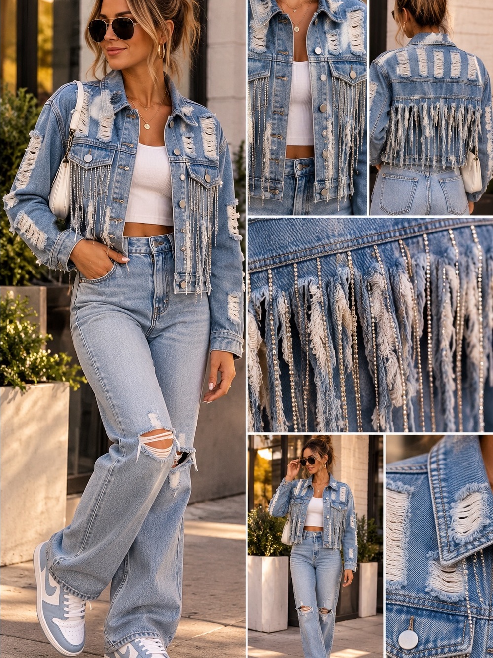 ENVME Distressed Denim Jacket Silver Chain Fringe Embellished Size S